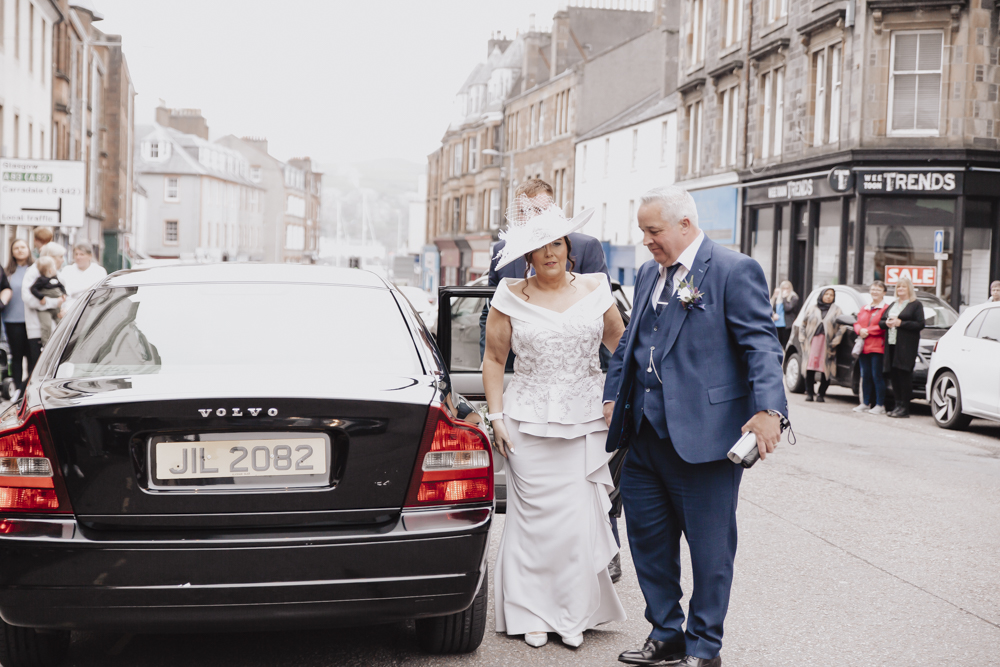 Wedding Photography at Campbeltown Town Hall as the Bridal Party arrive